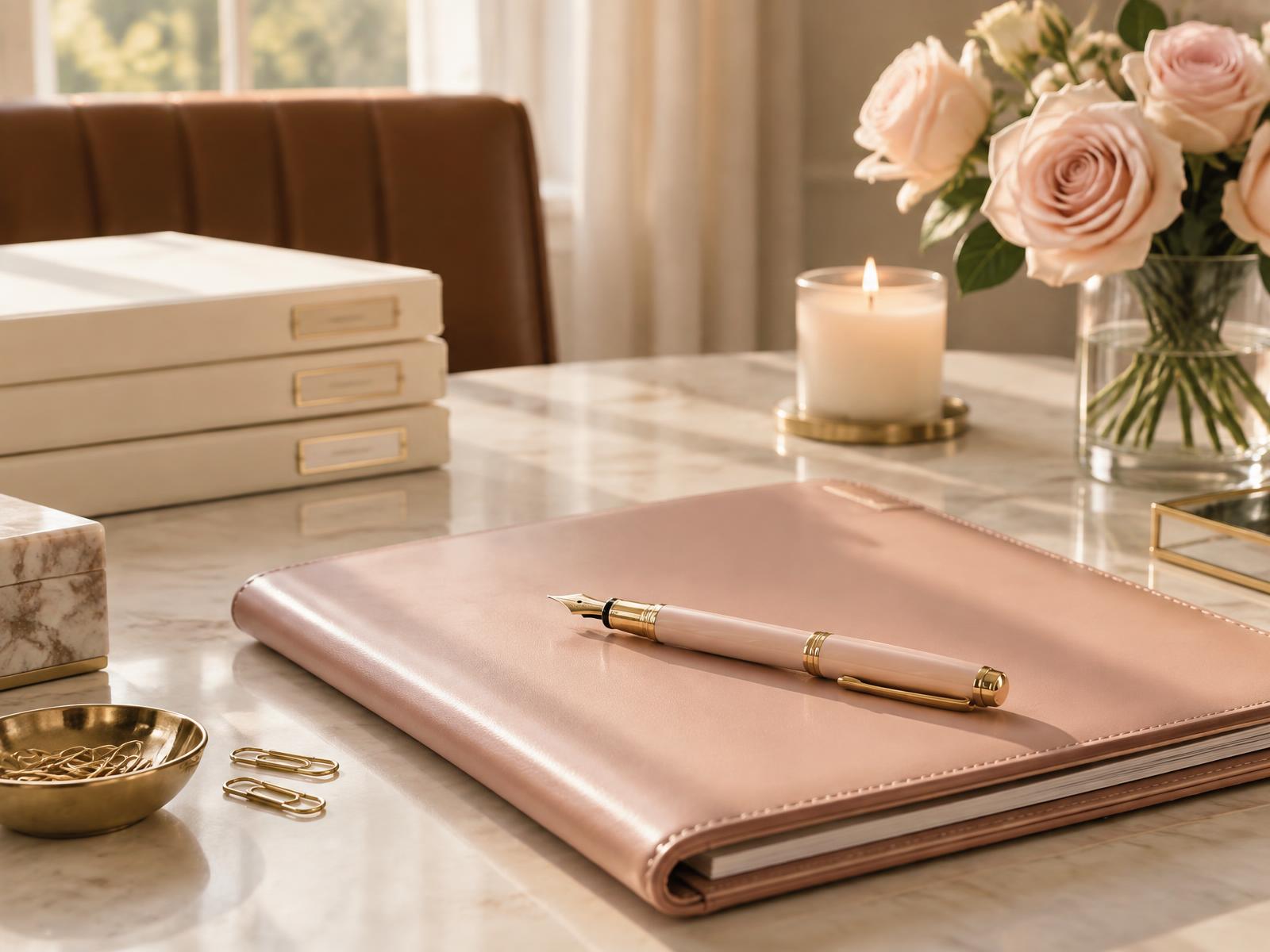 Elegant notary signing desk with cream documents and a blush-and-gold pen